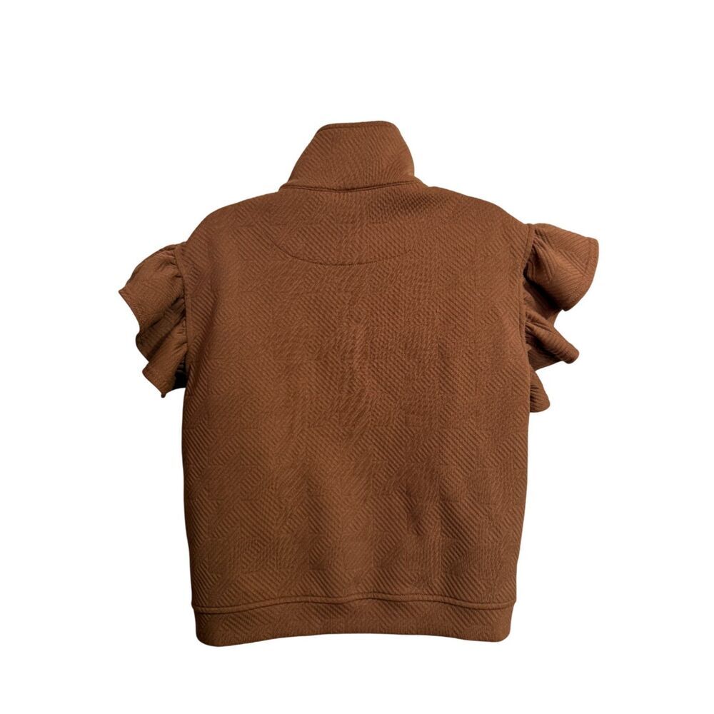 SSYS Brown Textured Half-Zip Ruffle Flutter Sleeve Top - Size M - Picture 6 of 9